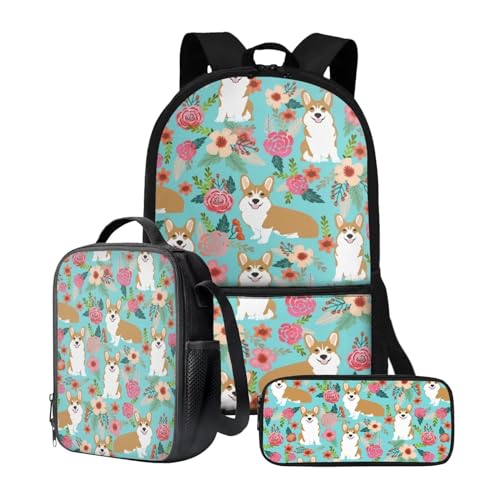 chaqlin Schulrucksack-Set für Jungen und Mädchen, mit Lunchbox, Stifthalter, 3-teilig, Picknick-Lunchbox, Behälter, Tagesrucksack, Niedlicher Corgi mit Blumenmuster, Kinderrucksack von chaqlin