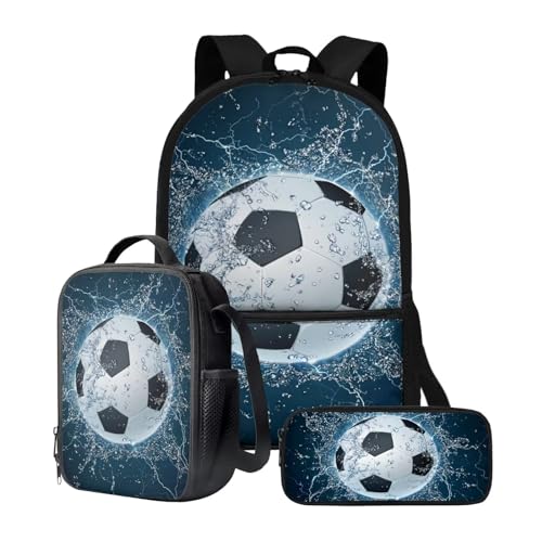 chaqlin Schulrucksack-Set für Jungen und Mädchen, mit Lunchbox, Stifthalter, 3-teilig, Picknick-Lunchbox, Behälter, Tagesrucksack, Wasserfußball, Kinderrucksack von chaqlin