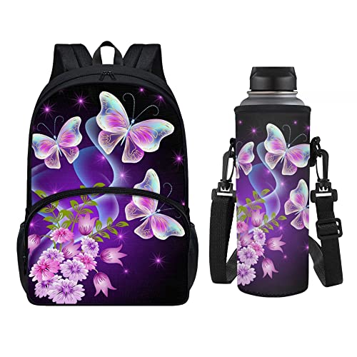 chaqlin Schulrucksack-Set für Jungen und Mädchen, personalisierbar, Schulranzen, Kinder-Büchertaschen-Set mit isoliertem Wasserflaschen-Bezug, Set mit 2 Stück, Blume Schmetterling, Einheitsgröße, Schulranzen-Set von chaqlin