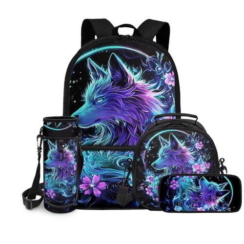 chaqlin Schulrucksack-Set für Kinder, Jungen, Mädchen, Schultaschen mit Lunchbox und Federmäppchen, Wasserflaschenträger-Set, 4 Stück, Kinder-Büchertaschen, Kühltaschen, Stiftebeutel, Florale Wölfe von chaqlin