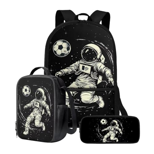 chaqlin Schulrucksack-Set für Kinder, Jungen, Schultaschen mit Lunchbox und Federmäppchen, 3-teiliges Set, Kinder-Büchertaschen, Kühltasche, Stifttasche, Astronauten-Fußball, Kinderrucksack von chaqlin