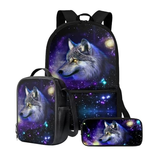 chaqlin Schulrucksack-Set für Kinder, Jungen, Schultaschen mit Lunchbox und Federmäppchen, 3-teiliges Set, Kinder-Büchertaschen, Kühltasche, Stifttasche, Galaxy Blue Wolf, Kinderrucksack von chaqlin