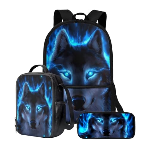 chaqlin Schulrucksack-Set für Kinder, Jungen, Schultaschen mit Lunchbox und Federmäppchen, 3-teiliges Set, Kinder-Büchertaschen, Kühltasche, Stifttasche, Neon-Tierwolf, Kinderrucksack von chaqlin