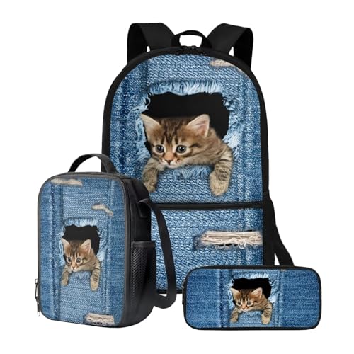 chaqlin Schulrucksack-Set für Kinder, Jungen, Schultaschen mit Lunchbox und Federmäppchen, 3-teiliges Set, Kinder-Büchertaschen, Kühltasche, Stifttasche, Niedliche Denim-Katze, Kinderrucksack von chaqlin