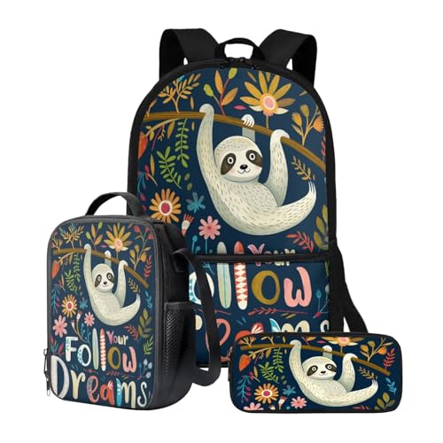 chaqlin Schulrucksack-Set für Kinder, Jungen, Schultaschen mit Lunchbox und Federmäppchen, 3-teiliges Set, Kinder-Büchertaschen, Kühltasche, Stifttasche, Süßes Traumfaultier, Kinderrucksack von chaqlin