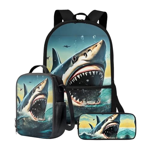 chaqlin Schulrucksack-Set für Kinder, Jungen, Schultaschen mit Lunchbox und Federmäppchen, 3-teiliges Set, Kinder-Büchertaschen, Kühltasche, Stifttasche, Tierhai, Kinderrucksack von chaqlin