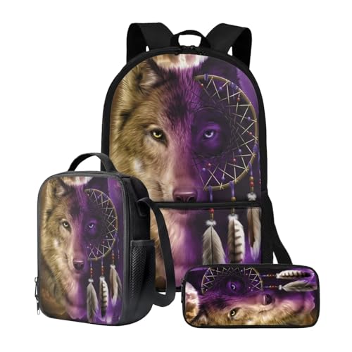 chaqlin Schulrucksack-Set für Kinder, Jungen, Schultaschen mit Lunchbox und Federmäppchen, 3-teiliges Set, Kinder-Büchertaschen, Kühltasche, Stifttasche, Traumfänger, Tierwolf, Kinderrucksack von chaqlin