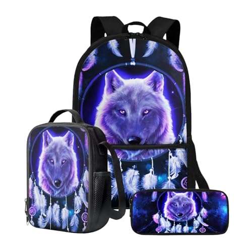 chaqlin Schulrucksack-Set für Kinder, Jungen, Schultaschen mit Lunchbox und Federmäppchen, 3-teiliges Set, Kinder-Büchertaschen, Kühltasche, Stifttasche, Traumfänger Wolf, Kinderrucksack von chaqlin