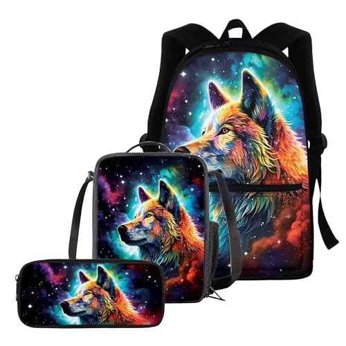 chaqlin Schultaschen-Set für Jungen und Mädchen, 3-teiliges Set mit Thermo-Lunchbox und Federmäppchen, Tierwolf, Galaxie-Nacht, Kinderrucksack, S-315Z58GK von chaqlin