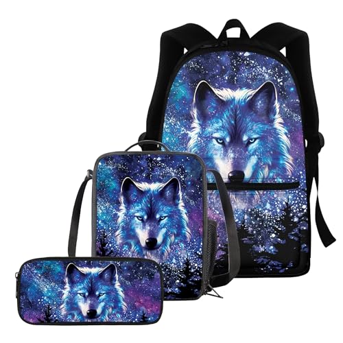 chaqlin Schultaschen-Set für Jungen und Mädchen, 3-teiliges Set mit Thermo-Lunchbox und Federmäppchen, Violettes Wolf-Design, Einheitsgröße von chaqlin