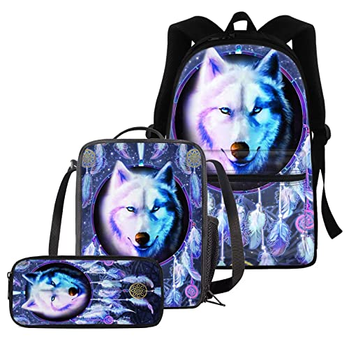 chaqlin Schultaschen-Set für Jungen und Mädchen, Set mit 3 Taschen, Thermo-Lunchbox, Federmäppchen, Wolf Violett, Kinderrucksack von chaqlin