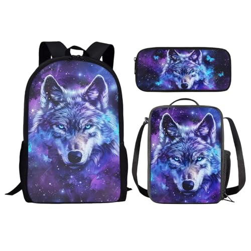 chaqlin Kinder Zurück zur Schule Taschen Set Tier Wolf Print Rucksack für Jungen Mädchen Schultaschen Set mit Mittagessen Box Abdeckung Stift Bleistift Taschen 3 In 1 Rucksack Große Buchtaschen von chaqlin