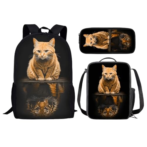 chaqlin Schultaschen-Set für Kinder, 3-teilig, Rucksack mit Lunchtasche, Federmäppchen, Tier, Dinosaurier, Wolf, Fußball, bedruckt, für Jungen und Mädchen, Tier, Katze und Tiger, Einheitsgröße, von chaqlin