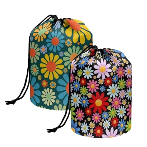 chaqlin Set mit 2 Stück Reise-Kosmetiktaschen für Frauen mit Kordelzug, Make-up-Taschen, fassförmige Kulturbeutel, Kulturbeutel, Hippie Daisy Flower, Einheitsgröße, Kulturbeutel von chaqlin