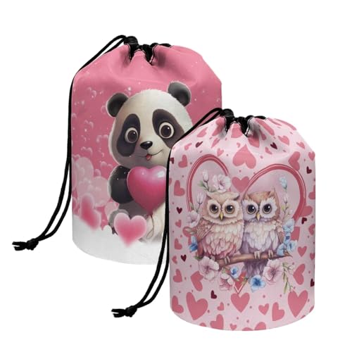 chaqlin Set mit 2 Stück Reise-Kosmetiktaschen für Frauen mit Kordelzug, Make-up-Taschen, fassförmige Kulturbeutel, Kulturbeutel, Love Owl and Panda, Einheitsgröße, Kulturbeutel von chaqlin