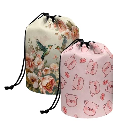 chaqlin Set mit 2 Stück Reise-Kosmetiktaschen für Frauen mit Kordelzug, Make-up-Taschen, fassförmige Kulturbeutel, Kulturbeutel, Rosa Schwein Vogel Blume, Einheitsgröße, Kulturbeutel von chaqlin