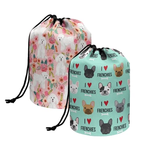 chaqlin Set mit 2 Stück Reise-Kosmetiktaschen für Frauen mit Kordelzug, Make-up-Taschen, fassförmige Kulturbeutel, Kulturbeutel, Schöne Blume Haustier Hund, Einheitsgröße, Kulturbeutel von chaqlin