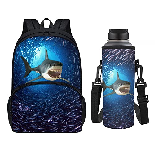 chaqlin Tier-Schulrucksack für Kinder, Kleinkind, Set mit 2 Stück, Büchertaschen, Schultaschen-Set mit Tragetasche für Wasserflasche, Blue Ocean Shark, Einheitsgröße, Schulranzen-Set von chaqlin