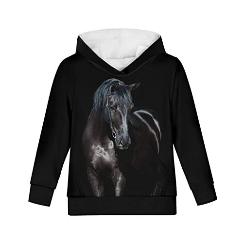 chaqlin Unisex Kinder Pullover Kapuzenpullover Mädchen Jungen Fahsion Hoodie mit Fronttasche, Tier Schwarzes Pferd, 11- 13 Jahre von chaqlin