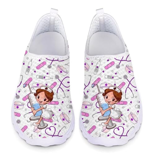 chaqlin Weiße Krankenschwester Sportschuhe für Damen,Nette Cute Nurse Sneakers Turnschuhe,Krankenschwester Laufschuhe Atmungsaktiv Freizeitschuhe Walkingschuhe für Mädchen,Größe 38 EU von chaqlin