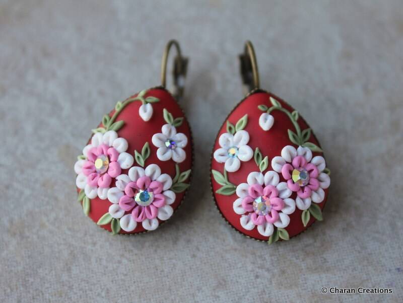Wunderschöne Polymer Clay Statement Ohrringe in Rot, Weiß Und Pink von charancreations
