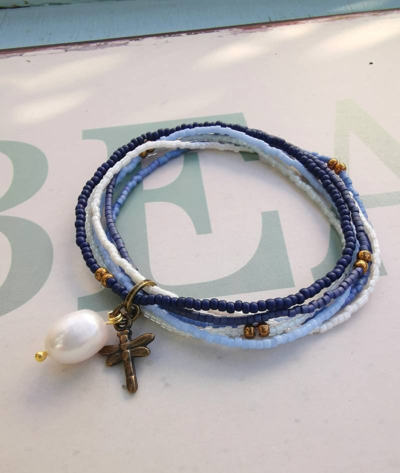 Armband Blue Mehrreihig Boho Glasperlen Süßwasserperle Toho Beads von charmone