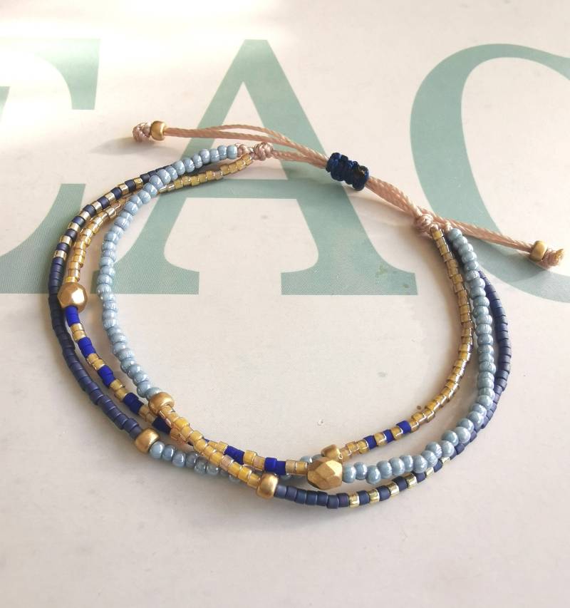 Armband Dreireihig Boho - Miyuki Glasperlen Blau Camel von charmone