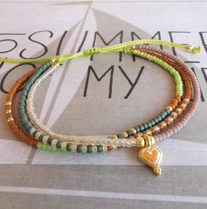 Armband Dreireihig Boho - Miyuki Glasperlen Cognac Hellgrün Lavendel Grün Herz von charmone