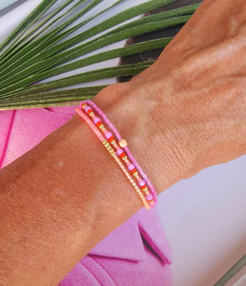 Armband Dreireihig Boho - Miyuki Glasperlen Neon Orange Apricot Luminous Magenta von charmone