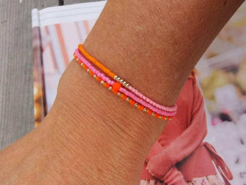 Armband Dreireihig Boho - Miyuki Glasperlen Orange Pink Rosa von charmone