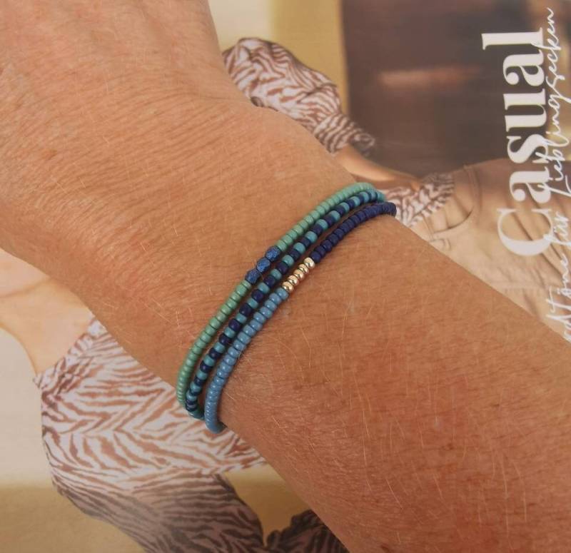 Armband Dreireihig Boho - Miyuki Glasperlen Petrol Sage Grün Marineblau von charmone