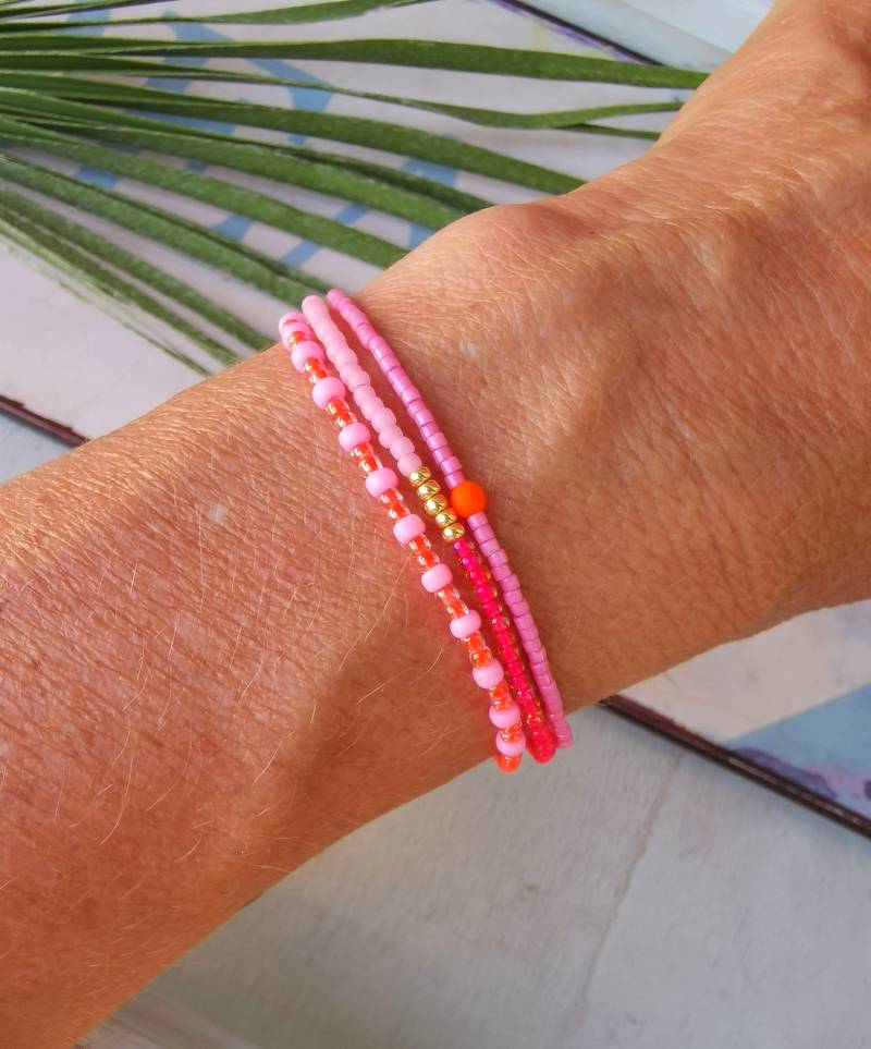 Armband Dreireihig Boho - Miyuki Glasperlen Pink Rosa Neon Orange von charmone