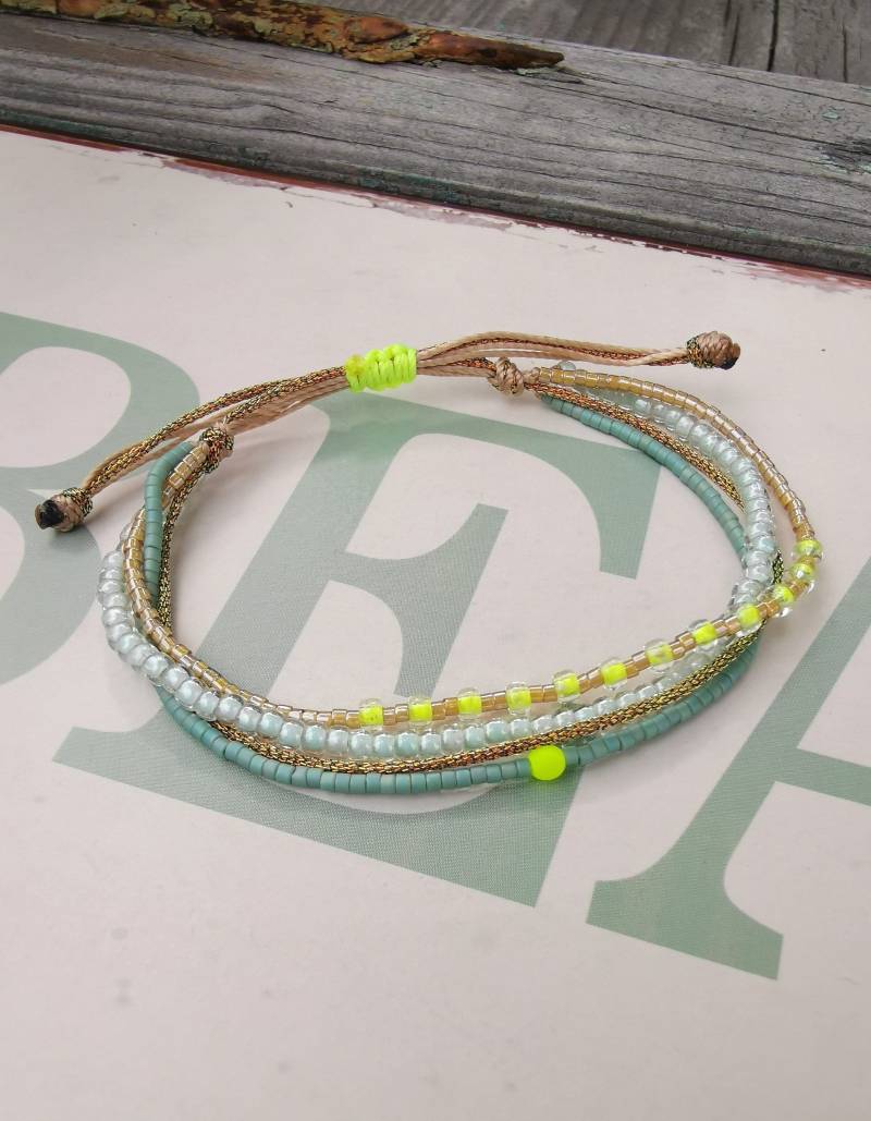 Armband Dreireihig Boho - Miyuki Glasperlen Seafoam Türkis Neon Gelb von charmone
