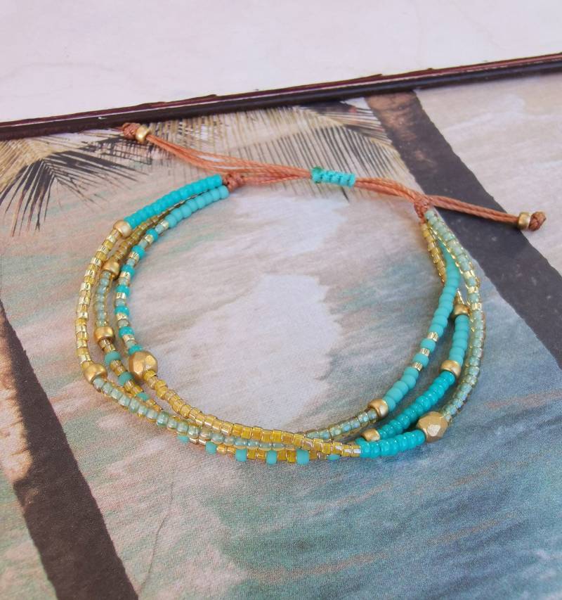 Armband Dreireihig Boho - Miyuki Glasperlen Türkis Seafoam Camel von charmone