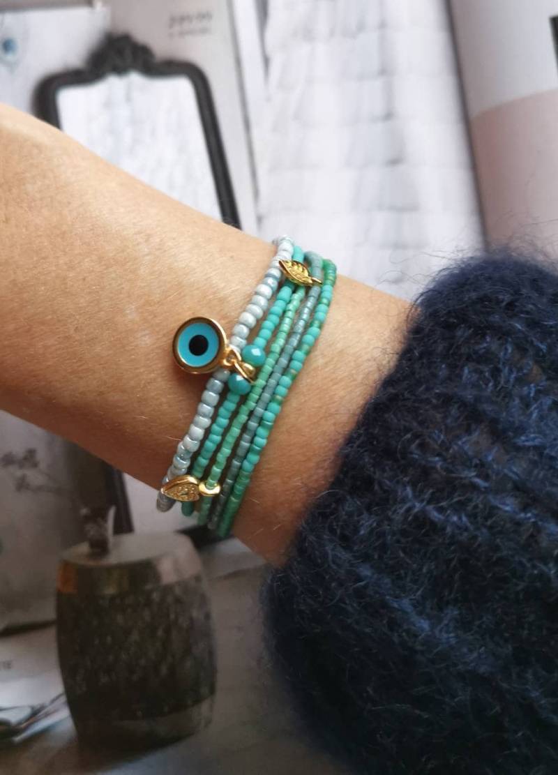 Armband Mehrreihig Boho - Glasperlen Seed Beads Türkis Aqua Blau von charmone