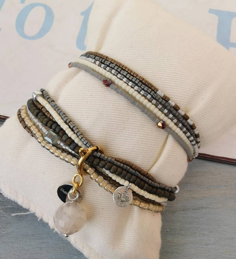 Armband Set - Beige Grau 7-Teilig Mehrreihig Boho Glasperlen Herbst von charmone