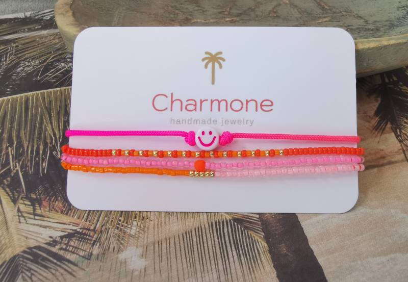 Armband Set - Dreireihig Boho Miyuki Glasperlen Orange Pink Rosa von charmone