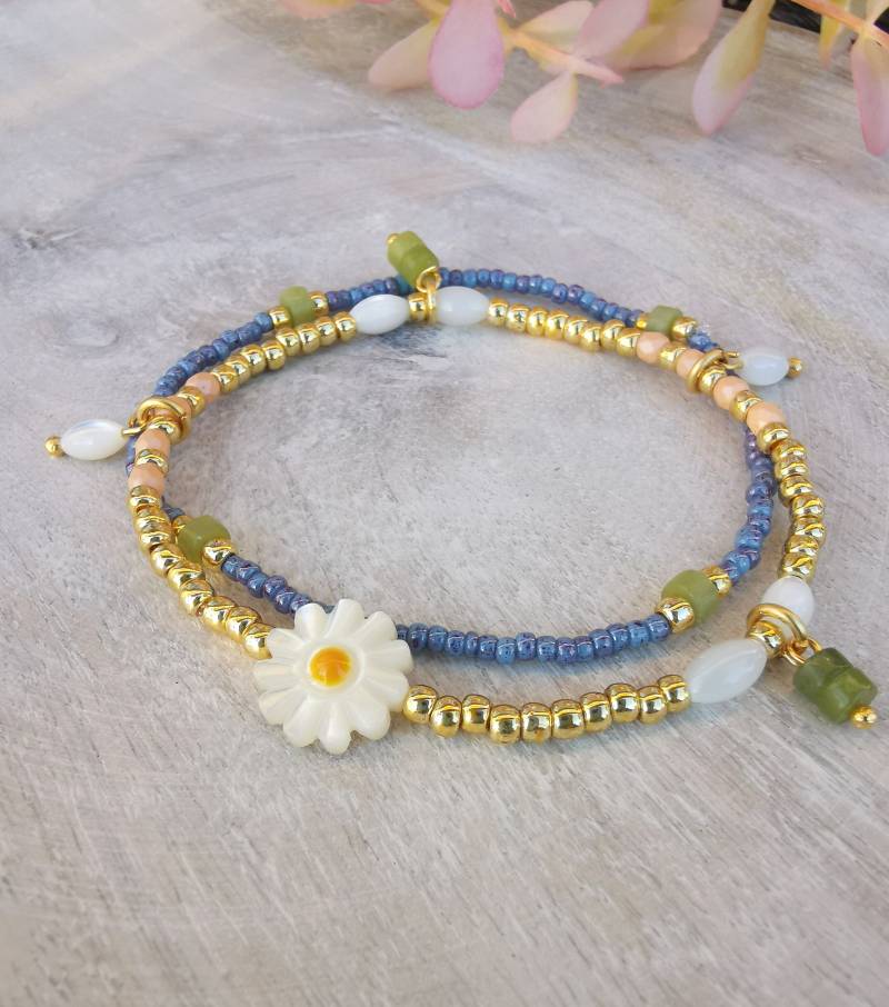 Armband Set - Gänseblümchen Perlmutt Glasperlen Jade von charmone