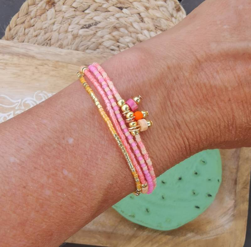 Armband Vierreihig Boho - Miyuki Glasperlen Seed Beads Neon Orange Rosa Pink von charmone