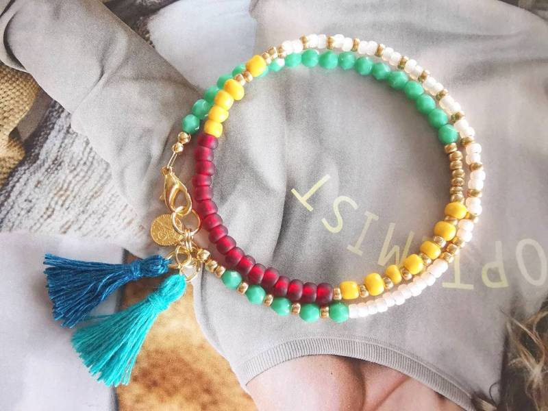 Armband - Wickelarmband Boho Petrol Gelb Rot Goldfarben Zart von charmone