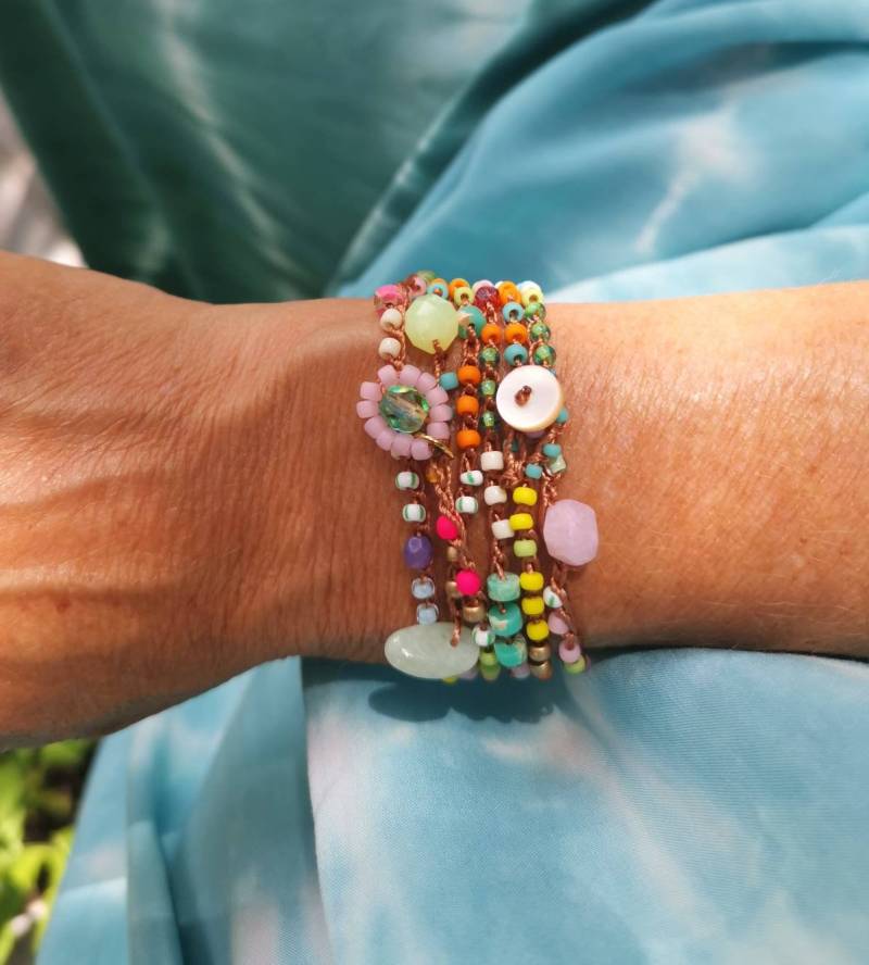 Kette/Armband - Gehäkelt Bunt Sommerfarben Halbedelsteine Glasperlen von charmone