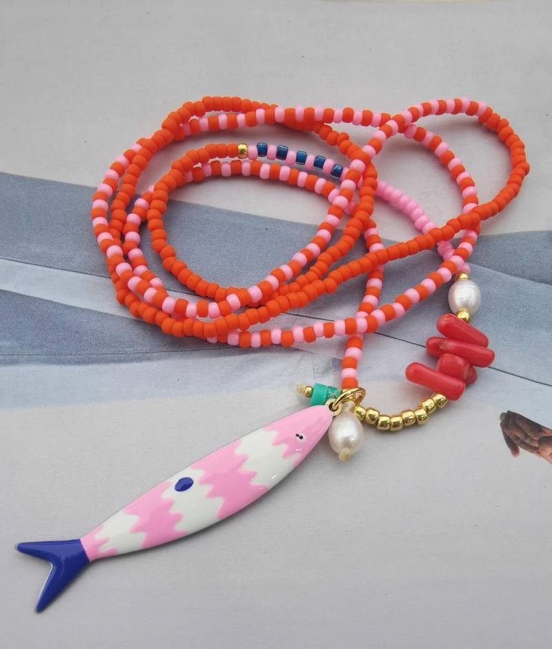 Kette - Fisch Boho Miyuki Pink Orange Summertime von charmone