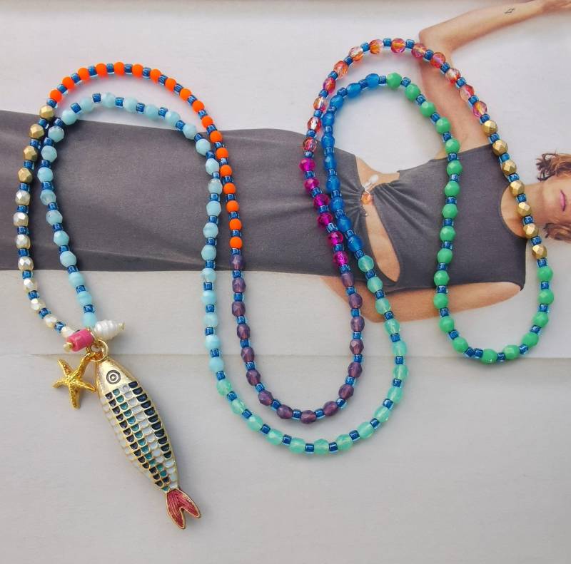 Kette - Fisch Hippie Boho Facettierte Glasperlen Bunt Farbverlauf Seestern von charmone