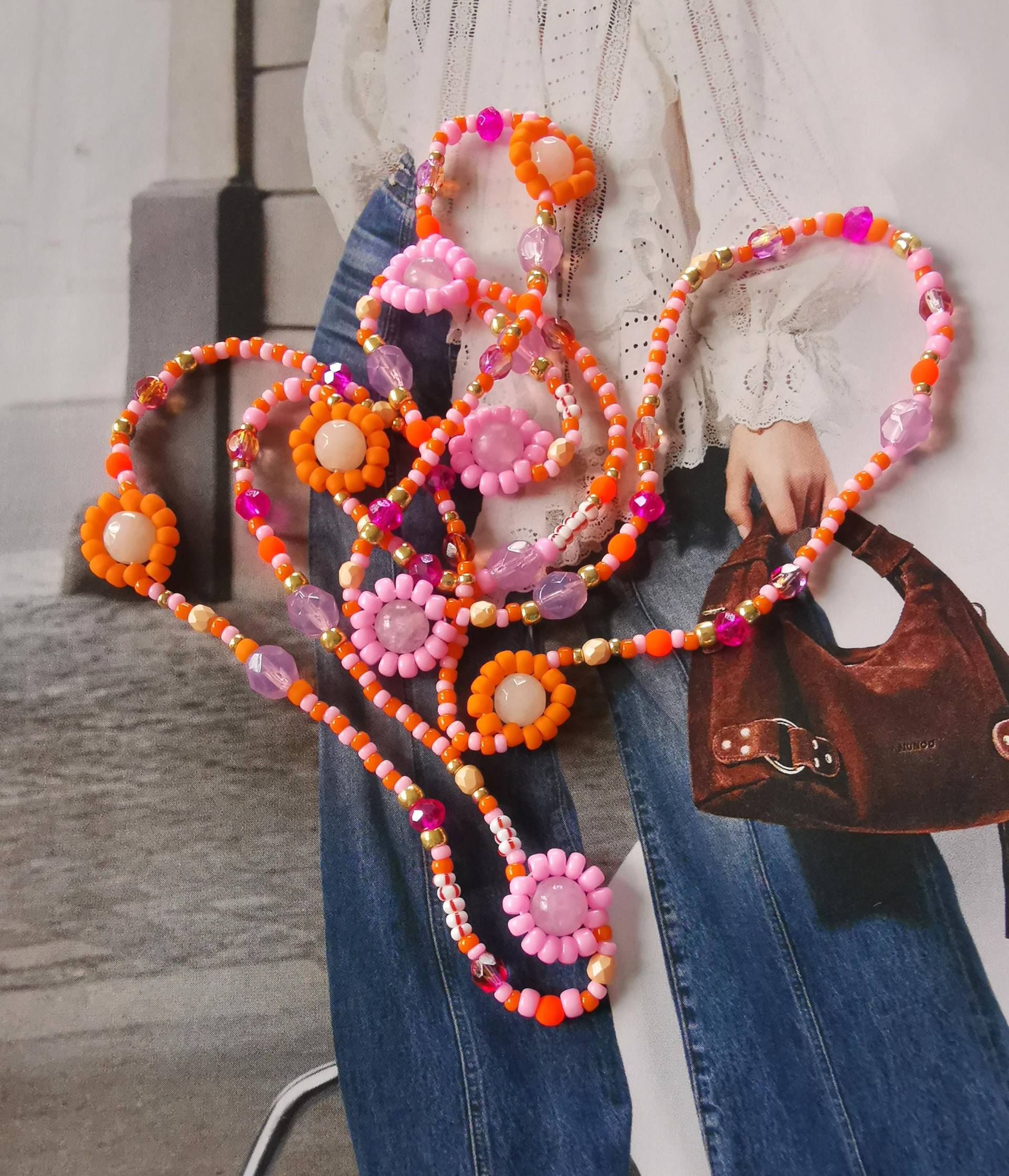 Kette - Glasperlen Pink Orange Boho Hippie Halbedelsteine von charmone