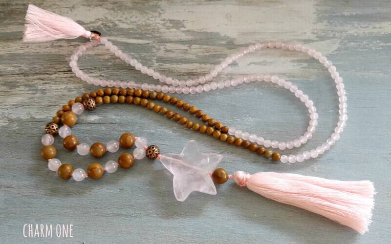 Kette Quaste Olivenholz Stern Rosenquarz von charmone