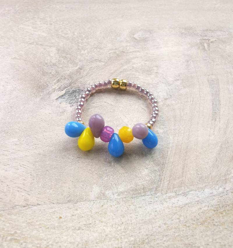 Ring - Good Vibes Elastisch Flieder Blau Gelb Glasperlen Stretch Miyuki von charmone