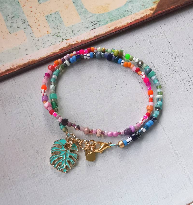 Wickelarmband - Monstera Blatt Bunt Toho Beads von charmone