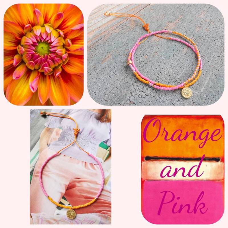 Zartes Armband Set 2-Teilig - Münze Goldfarben Miyuki Beads Orange Pink Rosa von charmone