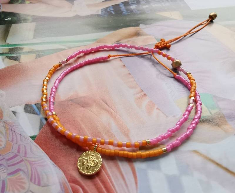 Zartes Armband Set 2-Teilig - Münze Goldfarben Miyuki Beads Orange Pink Rosa von charmone