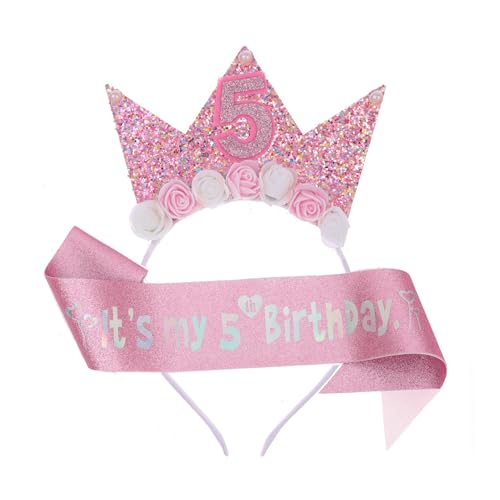 3 Stücke Geburtstagskrone MäDchen SchäRpe Set Birthday Girl Krone Tiara SchäRpe Geburtstag Perfekte für Geburtstagsfeiern Kinderpartys und Besondere AnläSse Geburtstagsdekorationen(5 Jahren) von ChAusa
